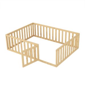 Bellemave Full Size Floor Bed for Kids, Montessori Bed Frame with Fence-Shaped Guardrails and Door, Wooden Floor Full Bed for Kids, Toddler, Boys Girls (Natural, Full Size)