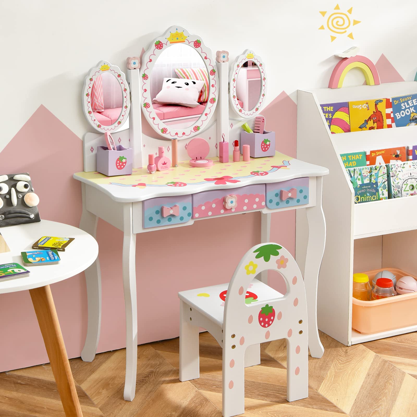 HONEY JOY Kids Vanity, Strawberry Princess Wooden Makeup Dressing Table & Chair Set w/Real Glass Tri-Fold Oval Mirror & Accessories, Detachable Top, Pretend Play Vanity Set for Little Girls(White)