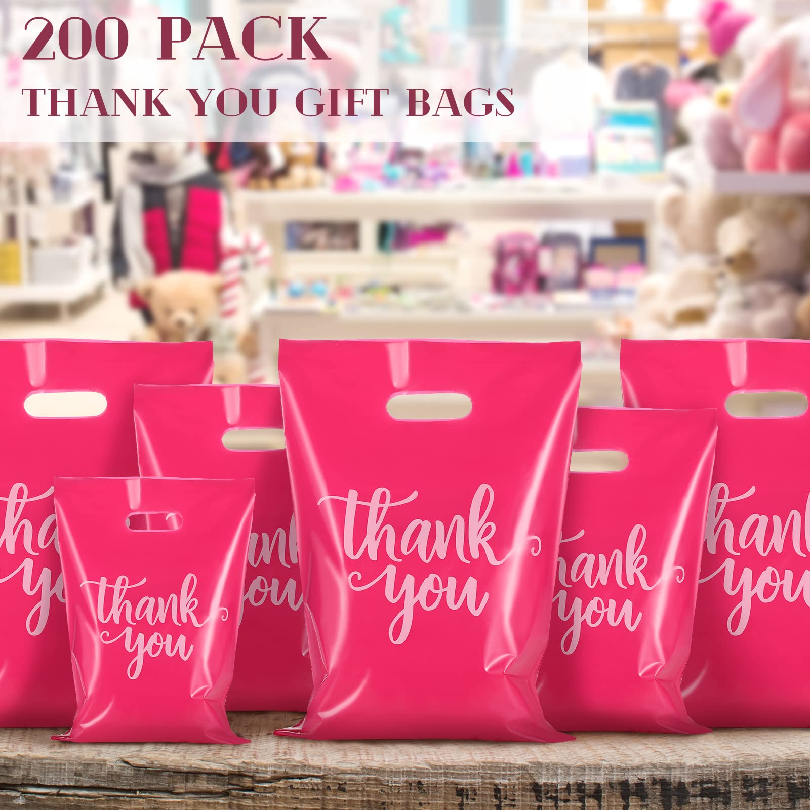 Eersida 200 Pcs Thank You Merchandise Bag Die Cut Shopping Bags with Handles 3 Sizes Plastic Gift Bags Retail Bags for Goodie Small Business Trade Bags Store Boutique Clothes (Pink)