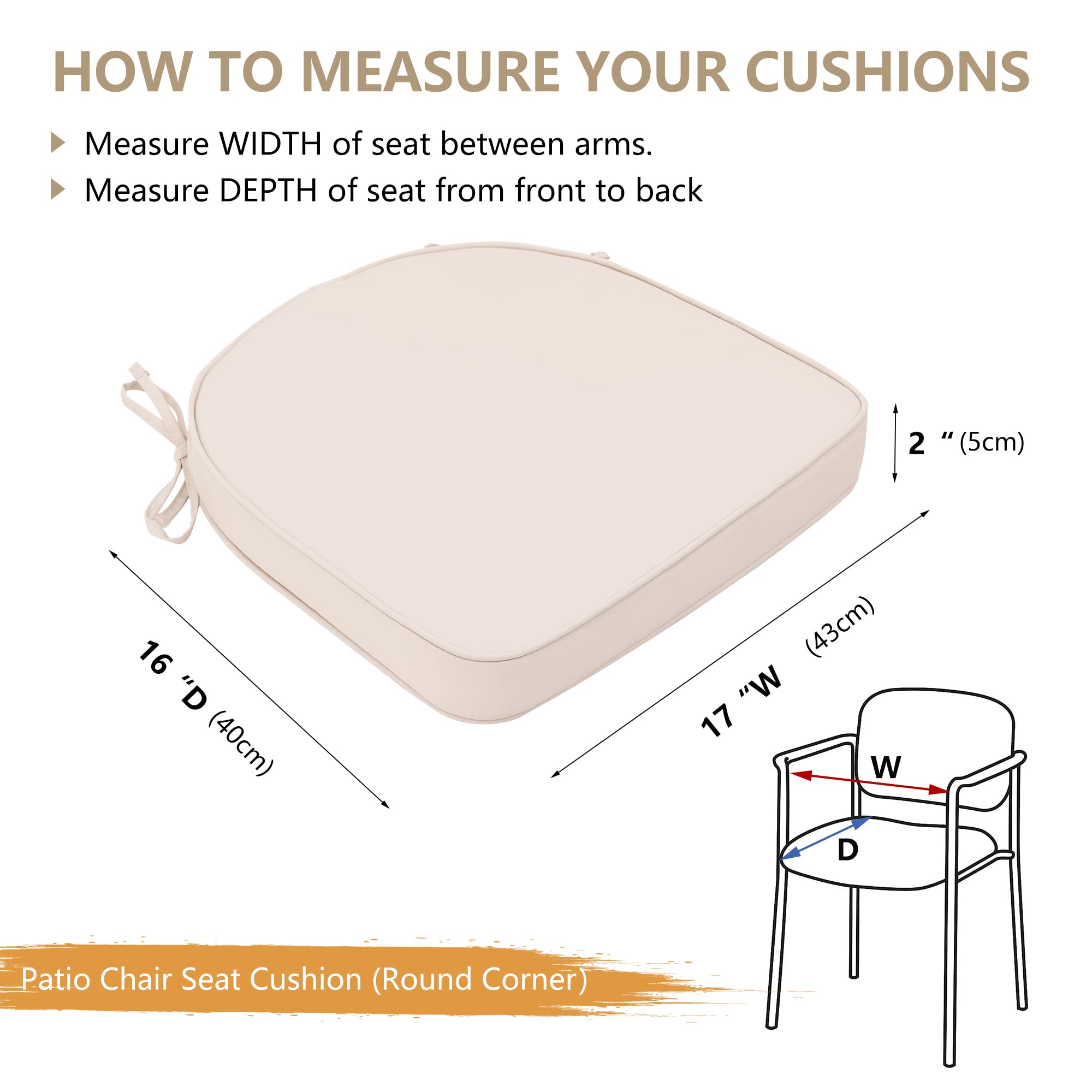 RACE LEAF Patio Seat Cushions 16"x17"x2" Round Corner - Set of 2, Beige - Indoor/Outdoor Chair Cushions with Invisible Zipper, Water-Resistant Chair Seat Cushion with Ties for Non-Slip Support