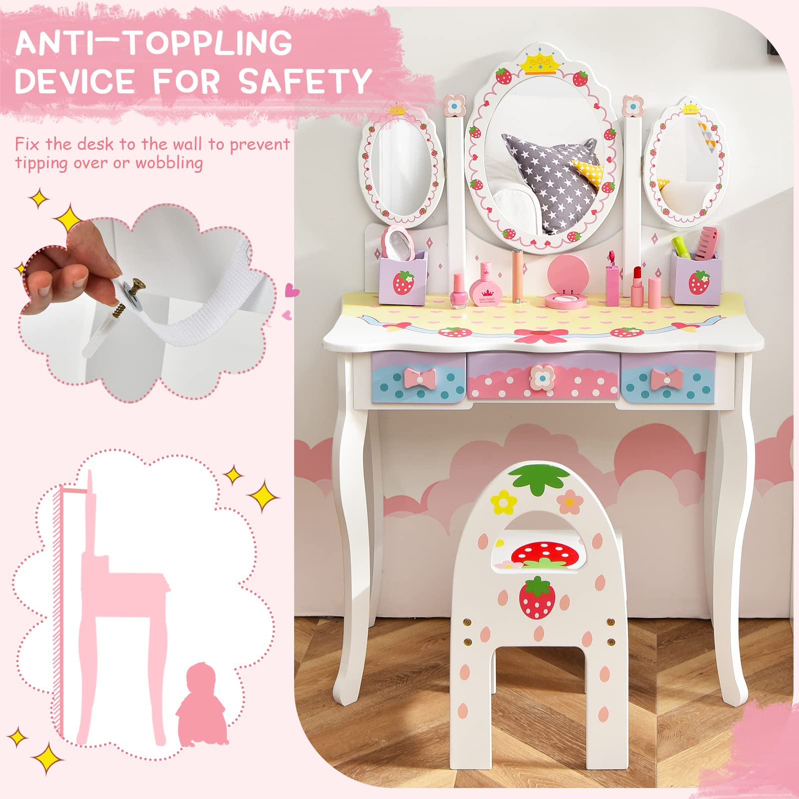 HONEY JOY Kids Vanity, Strawberry Princess Wooden Makeup Dressing Table & Chair Set w/Real Glass Tri-Fold Oval Mirror & Accessories, Detachable Top, Pretend Play Vanity Set for Little Girls(White)