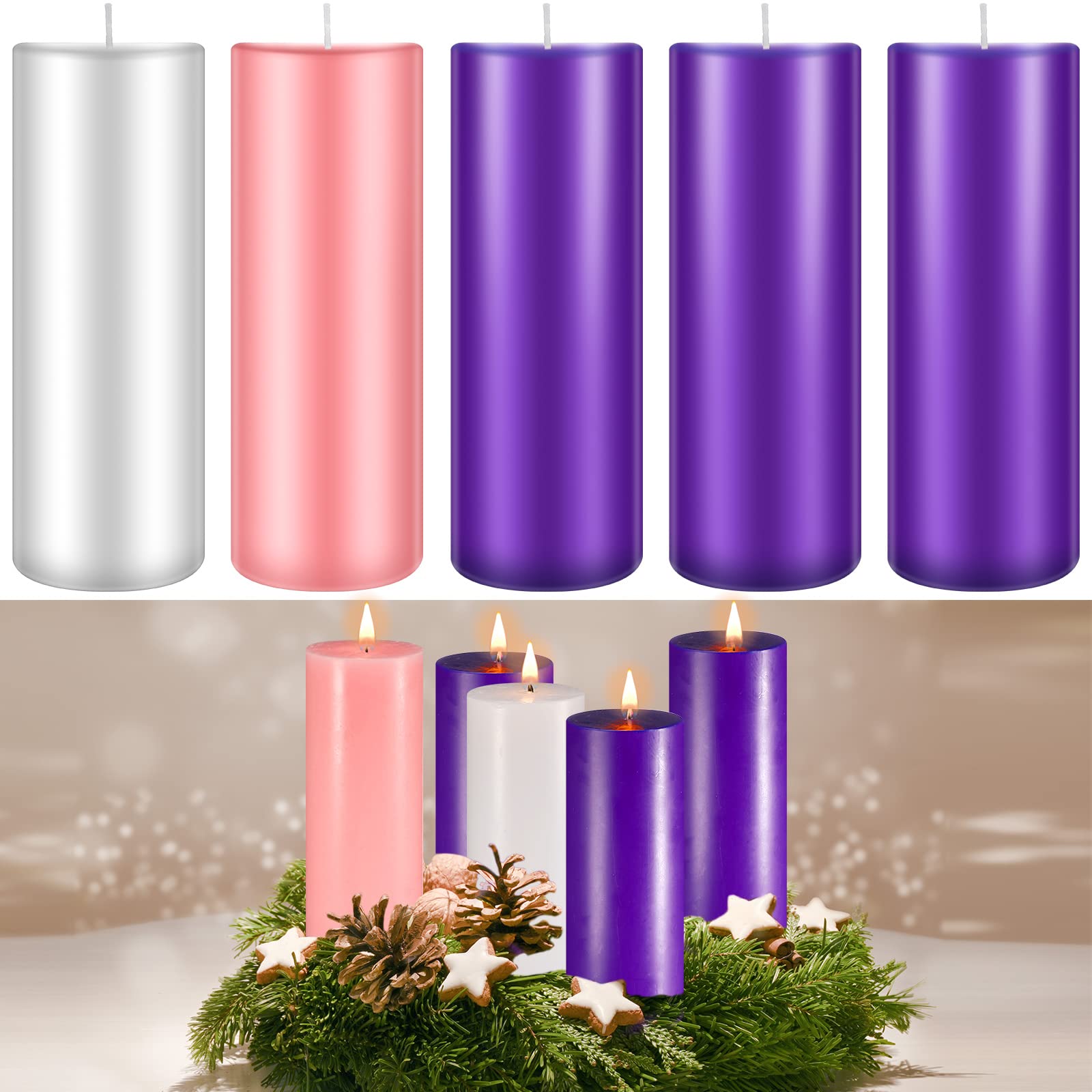 Set of 5 Candles Christmas Advent Pillar Candles Dripless Scented Catholic Advent Candle Purple Pink White Hand Poured Wax Candle for Christmas Church Home Wedding Holiday Decor (Classic,3 x 7.9 Inch)