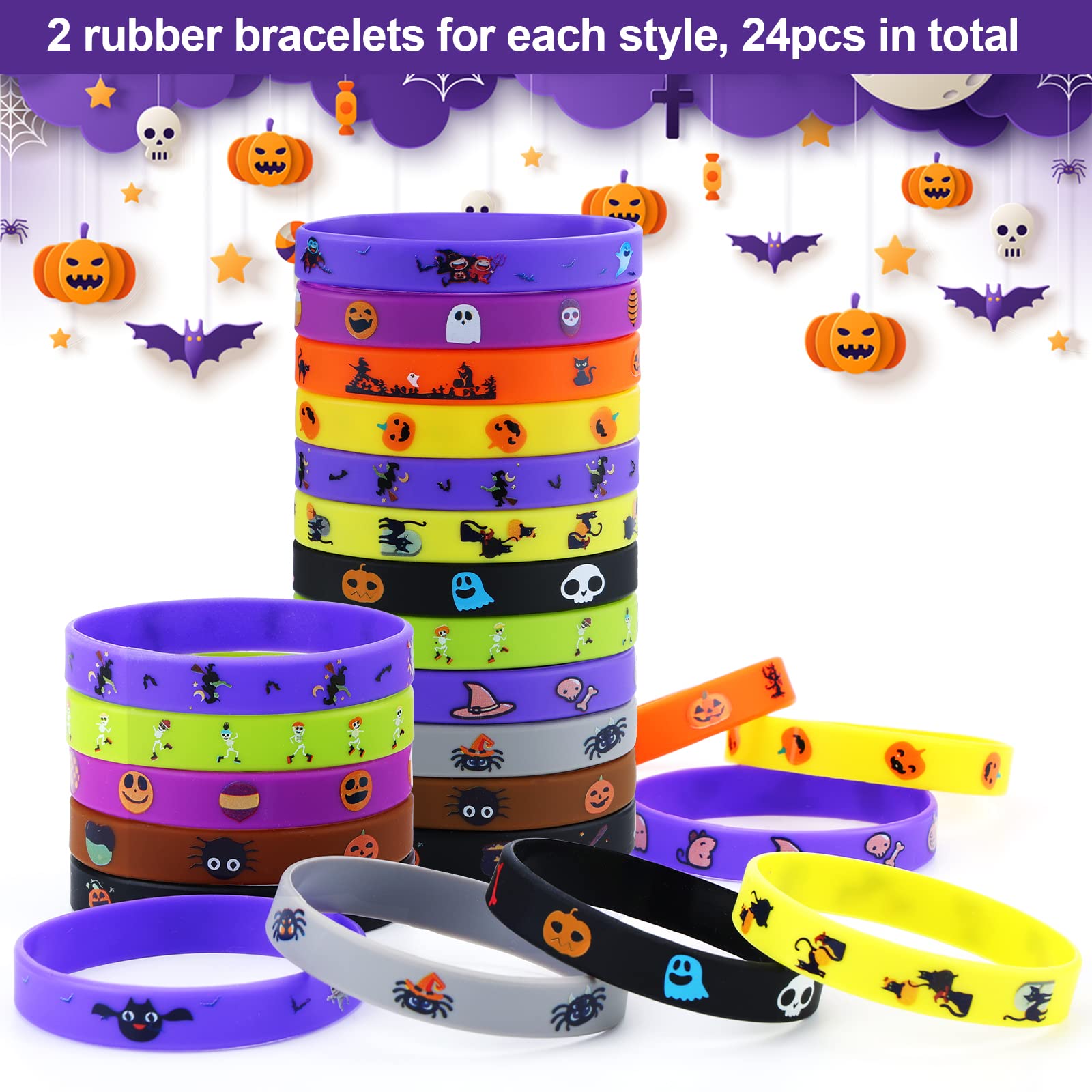 xutengy 48Pcs Halloween Party Favors Decorations Slap Bracelets Rubber Wristbands, Trick or Treat Party Favors, Classroom Prizes, Halloween Party Gift Treat Bag Filler Supply