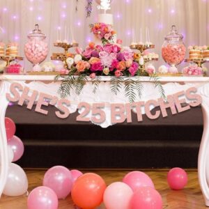 Ushinemi She's 25 Bitches Banner 25th Birthday Decorations for Women, Funny Glitter Rose Gold Birthday Banner 18 Birthday Party Supplies