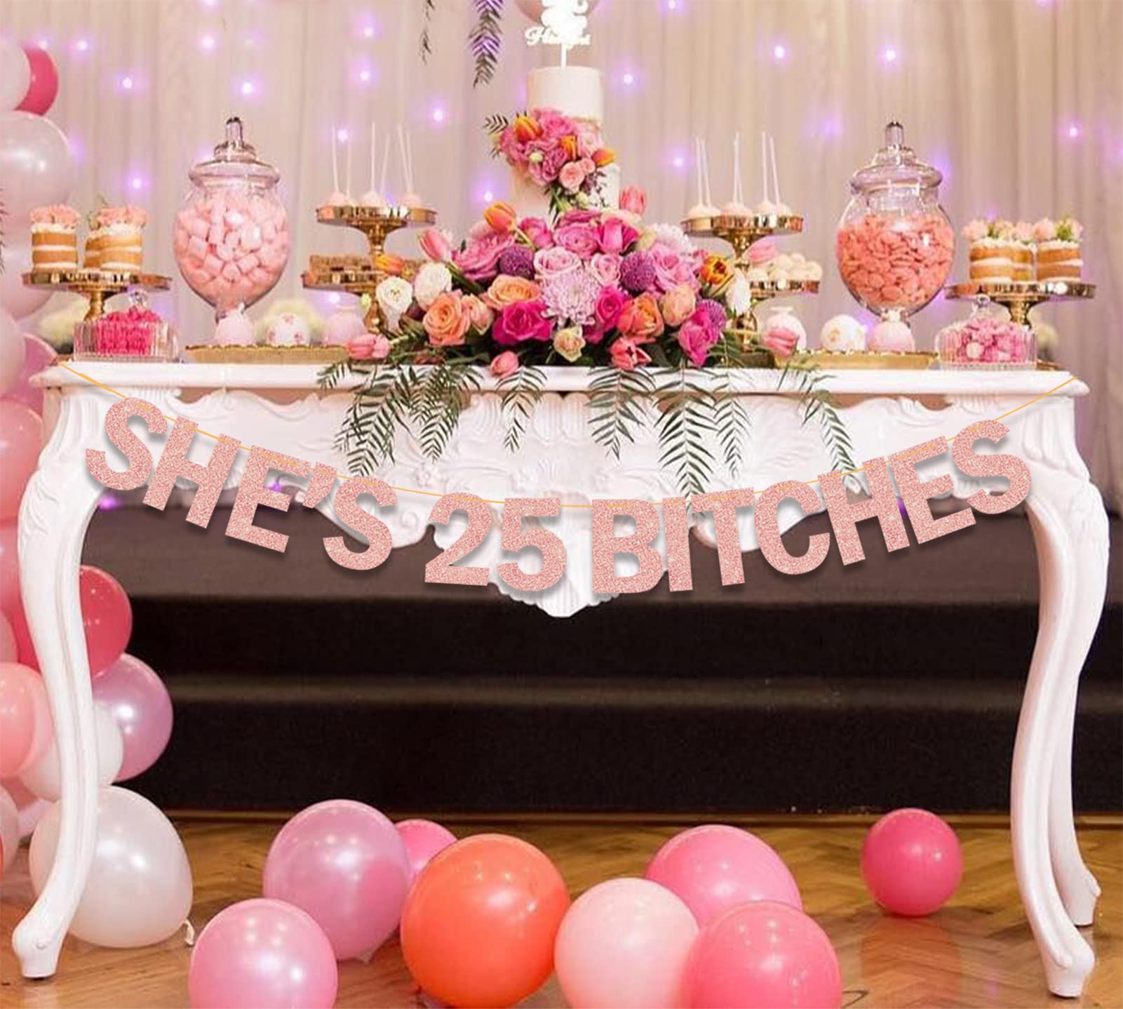 Ushinemi She's 25 Bitches Banner 25th Birthday Decorations for Women, Funny Glitter Rose Gold Birthday Banner 18 Birthday Party Supplies