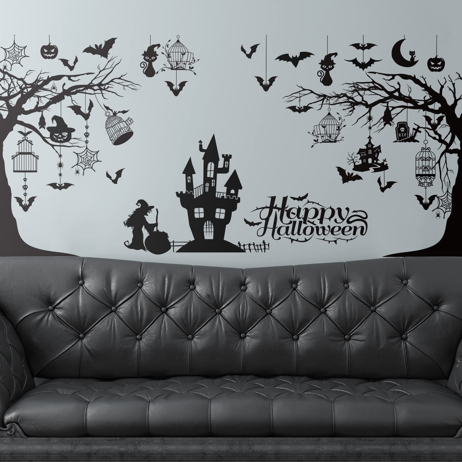 3 Sheets Halloween Wall Decals Tall Halloween Home Wall Decal Bats Ancient Castle Halloween Home Decor Removable DIY Wall Art for Halloween Party Supplies(Stylish Style)