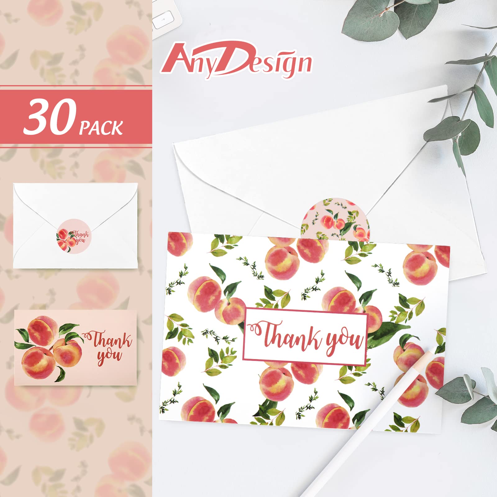 AnyDesign Peach Thank You Cards Bulk 30 Pack Thank You Blank Notes with Matching Seal Stickers White Envelopes Pink Peach Greeting Cards for Baby Shower Wedding Birthday Bridal Party Invitation