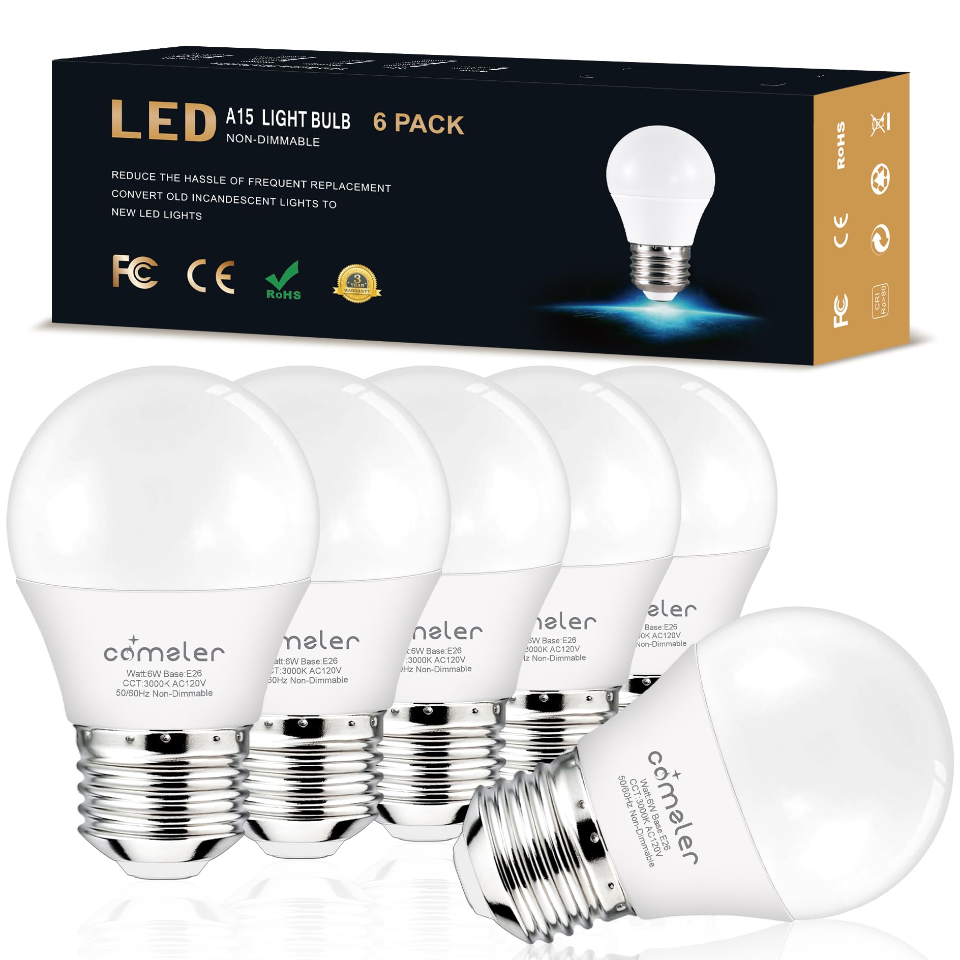 comzler E26 LED Ceiling Fan Light Bulbs 3000K Soft Warm White, 60 Watt Equivalent Light Bulbs, A15 LED Refrigerator Light Bulb, E26 Base Small Light Bulb, Eye Protection, 120V, 600LM, CRI 85+, 6 Pack