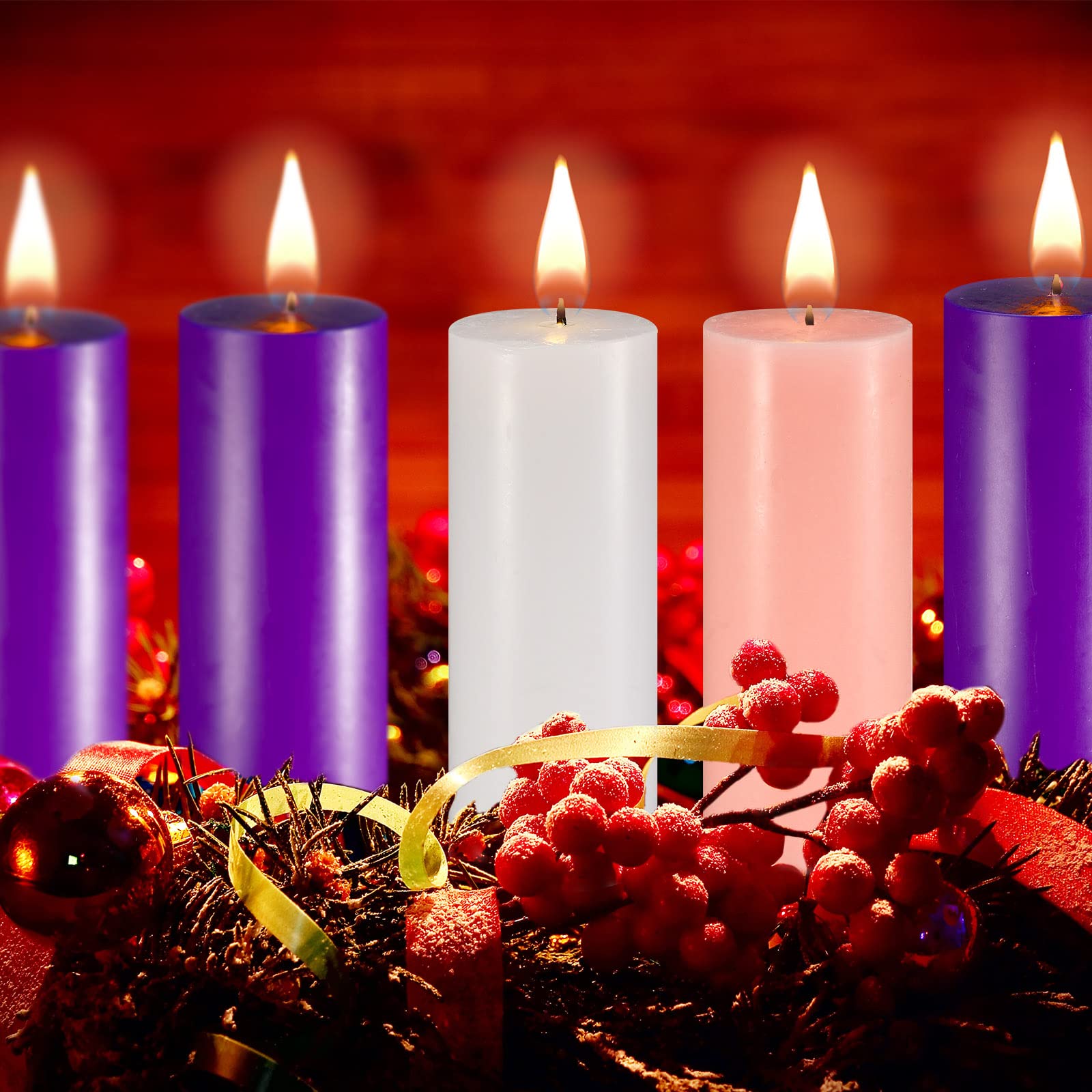 Set of 5 Candles Christmas Advent Pillar Candles Dripless Scented Catholic Advent Candle Purple Pink White Hand Poured Wax Candle for Christmas Church Home Wedding Holiday Decor (Classic,3 x 7.9 Inch)