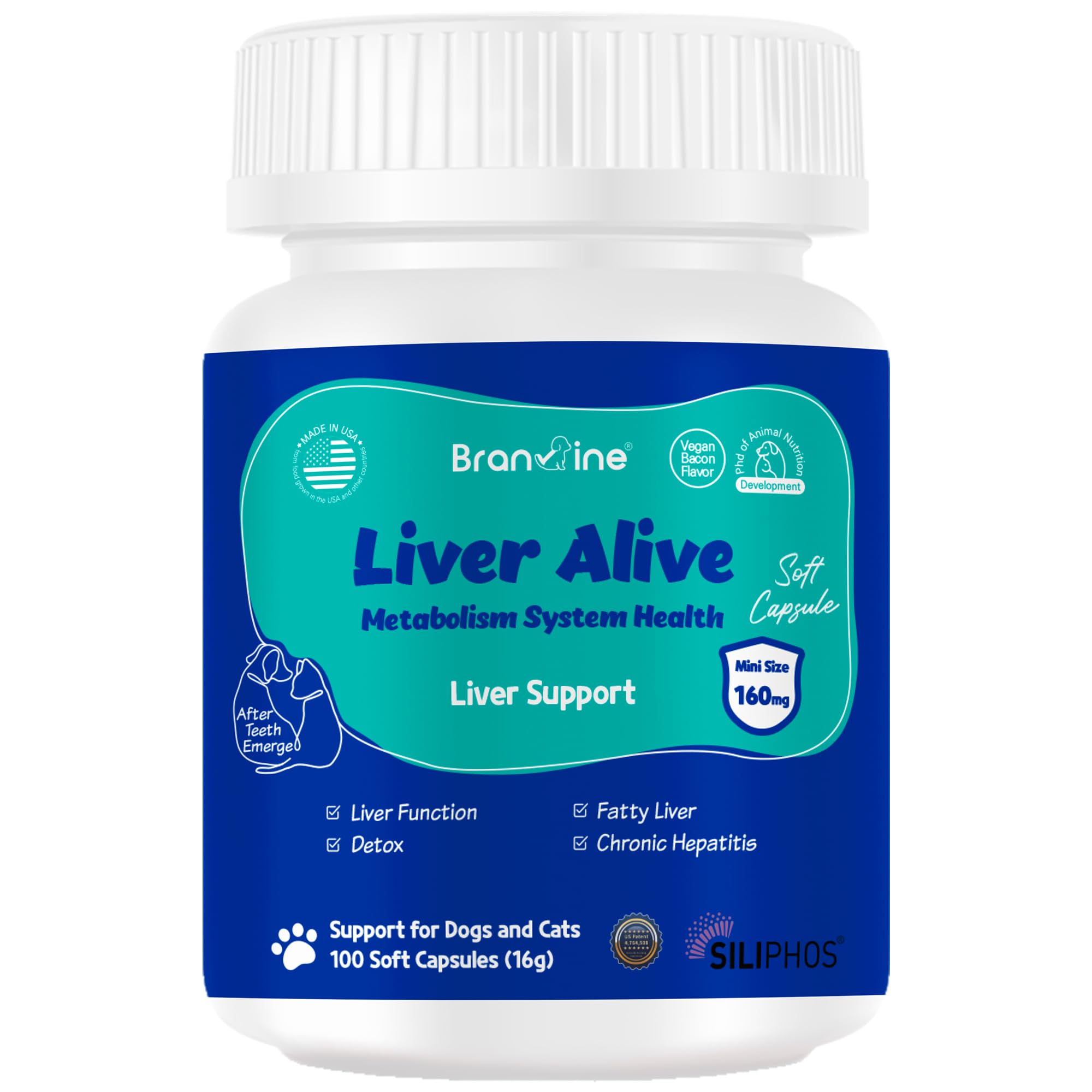 Branvine Liver Alive Metabolism System Health for Dogs and Cats - Liver Function, Fatty Liver, Detox, Chronic Hepatitis with SILIPHOS®, Vegan Bacon Flavor (100 Soft Capsules)