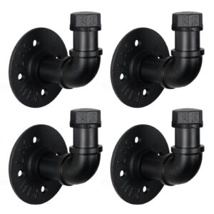 houseaid industrial iron pipe towel hook holder, farmhouse rustic robe hook for bathroom, vintage style clothes hook hanger, wall mounted, matte black (4 pack)