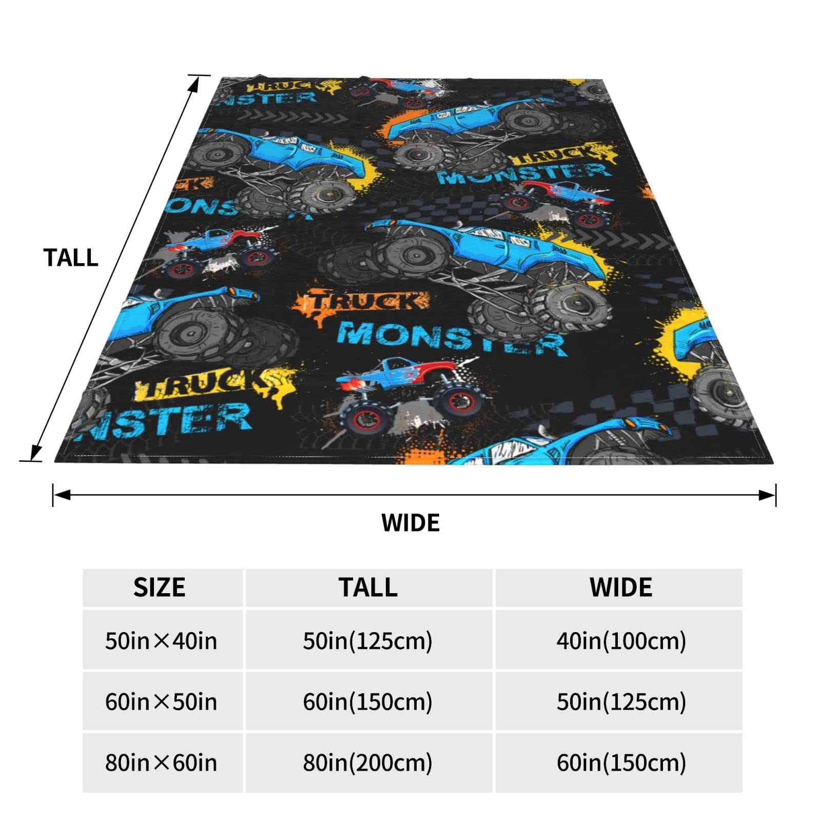 Monster Cartoon Truck Throw Blanket Car Gift for Boys Kids Bedding Room Decor Flannel Blankets Microfiber Soft Warm for Couch Sofa Bed Livingroom Beach Travel 50"x40"