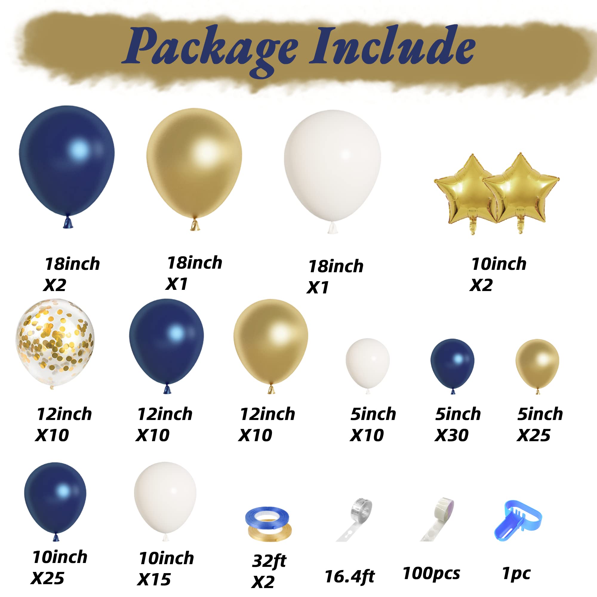 146pcs Navy Blue and Gold Balloon Garland Arch Kit, Royal Blue White Metallic Gold Confetti Mixed Sizes Balloons for Graduation Anniversary Baby Shower Wedding Birthday Party Decorations