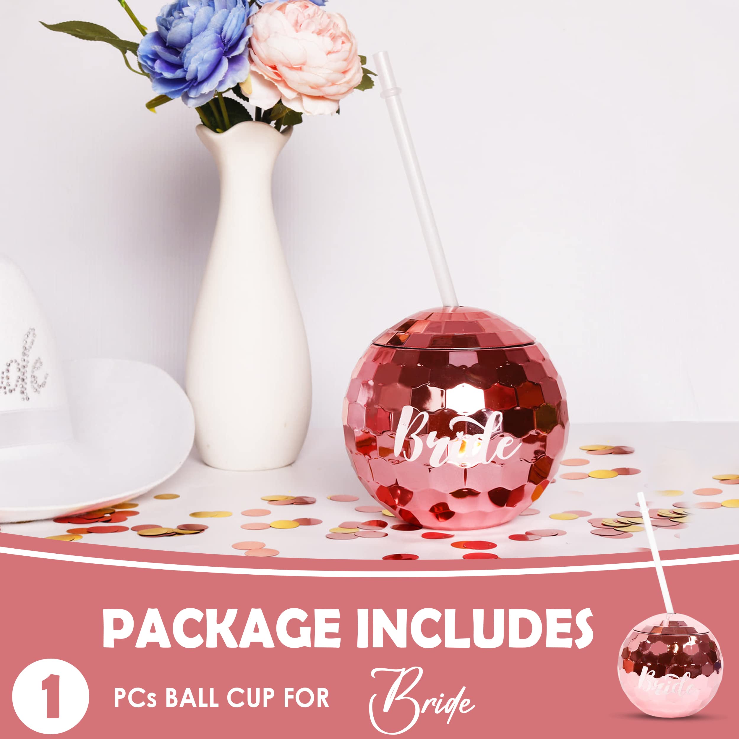 Team Bride Bachelorette Party Cups | Bride Tribe Pink Disco Ball Cups With Straws | Pack of 1- Bridesmaid Cups for Bridal Party | Bridesmaids Proposal Gifts | Bridal Shower Pink Disco Ball Cup