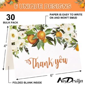 AnyDesign Little Cuties Clementine Thank You Greeting Cards Bulk 30 Pack Orange Rose Greeting Cards with Matching Seal Stickers Envelops Blank Note Cards for Baby Shower Wedding Birthday Bridal Party