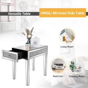 VINGLI Mirrored Nightstand Set of 2 Narrow Side Table with Drawer Glass Accent Table,Silver