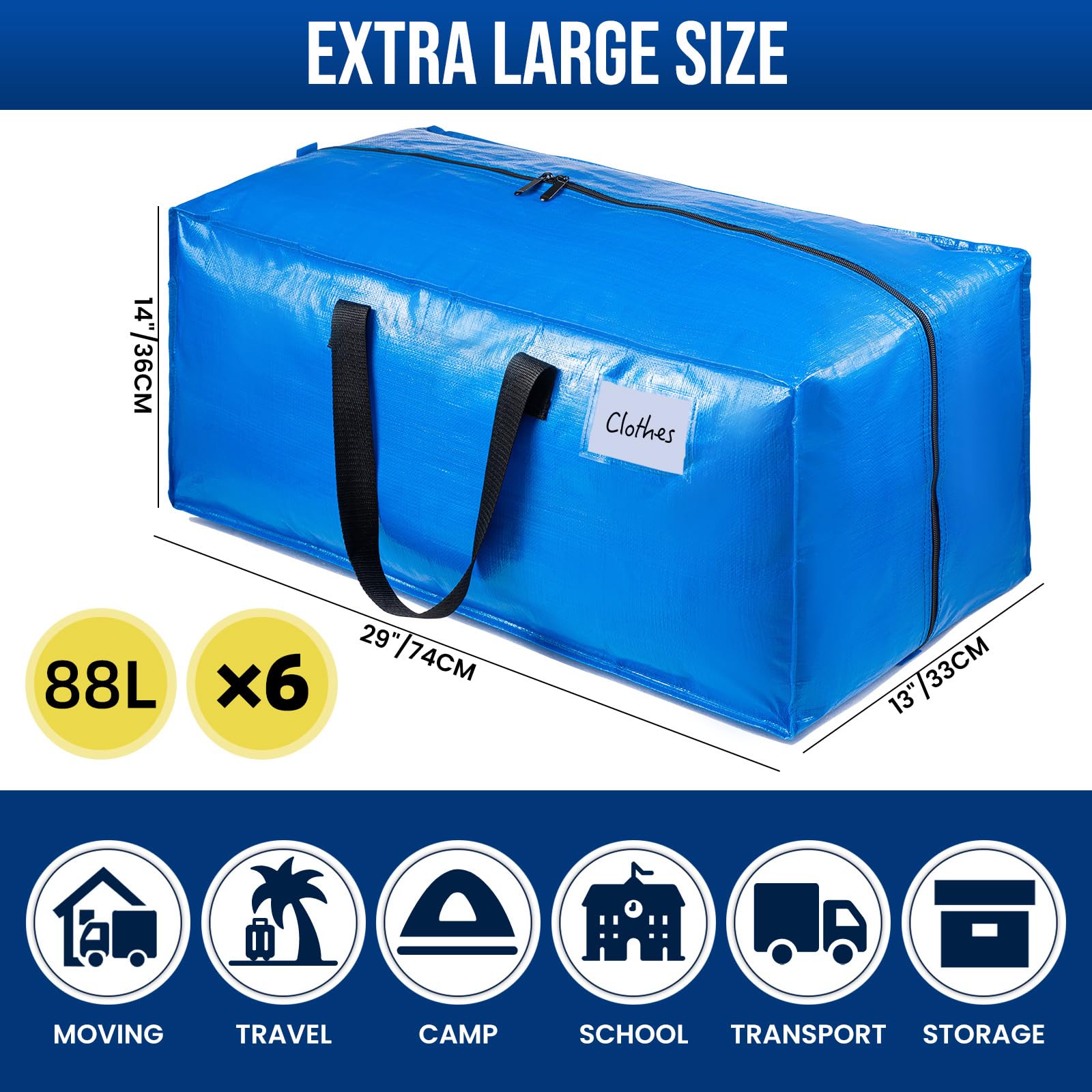 TAILI Heavy Duty Moving Bags, Extra Large Packing Bags W/Backpack Straps Strong Handles & Zippers,Storage Totes For Space Saving, Clothes Storage, Alternative to Box(Blue,Set of 6)