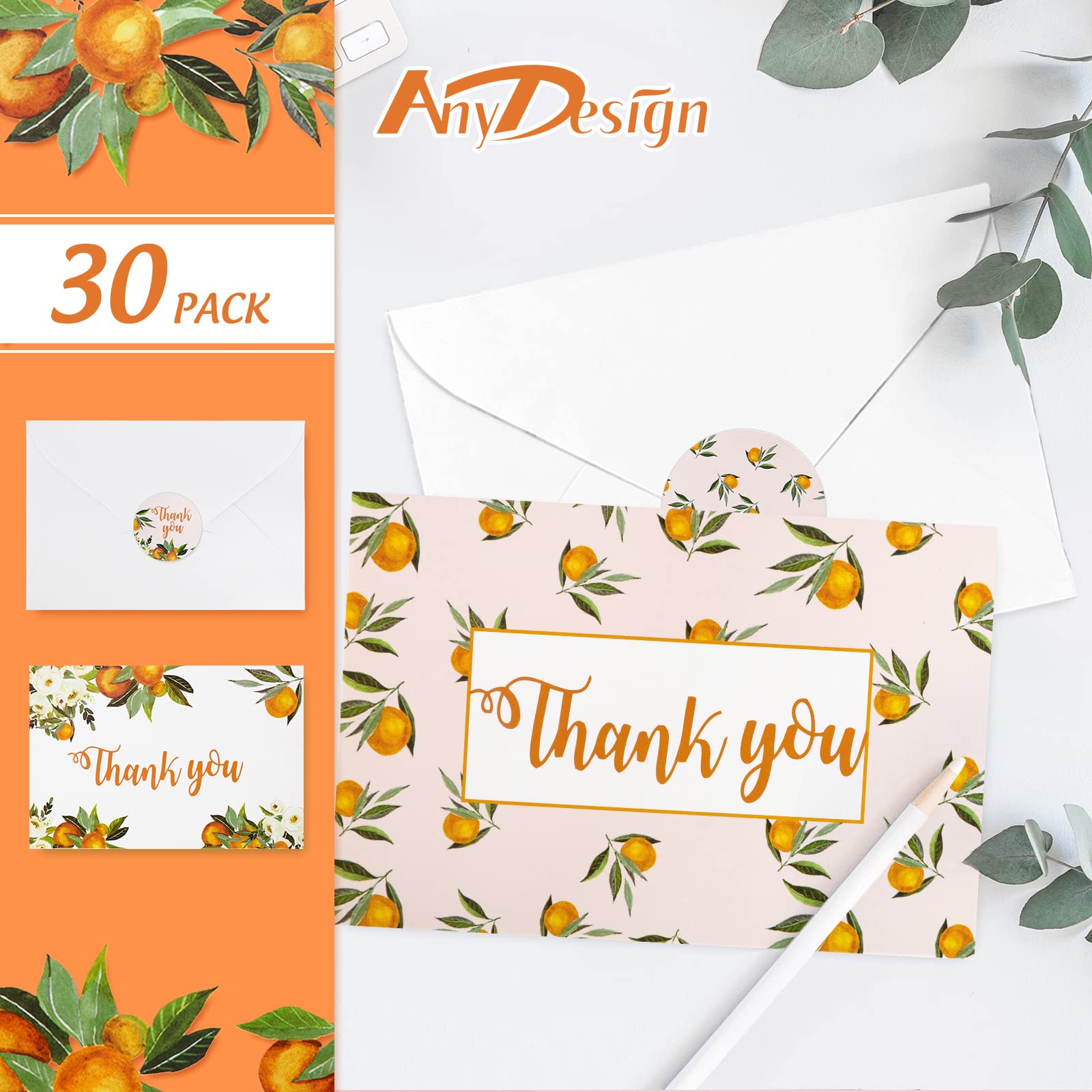 AnyDesign Little Cuties Clementine Thank You Greeting Cards Bulk 30 Pack Orange Rose Greeting Cards with Matching Seal Stickers Envelops Blank Note Cards for Baby Shower Wedding Birthday Bridal Party