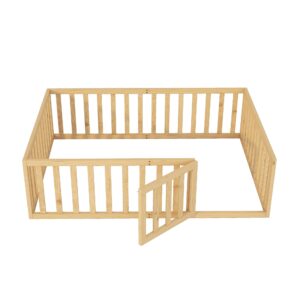 Bellemave Full Size Floor Bed for Kids, Montessori Bed Frame with Fence-Shaped Guardrails and Door, Wooden Floor Full Bed for Kids, Toddler, Boys Girls (Natural, Full Size)