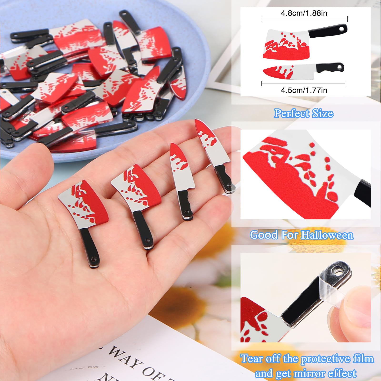 MIKIMIQI 20 Pcs Fake Knife Charms, Halloween Pendant Mini Acrylic Knives Beads for Women DIY Jewelry Making Crafting Halloween Charms with Box, 2 Styles