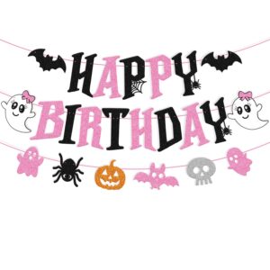 halloween happy birthday banner hallows bday decoration ghost spider bat spooky boo horror theme halloween eve party event celebration anniversary decor for girls women lady glitter black pink