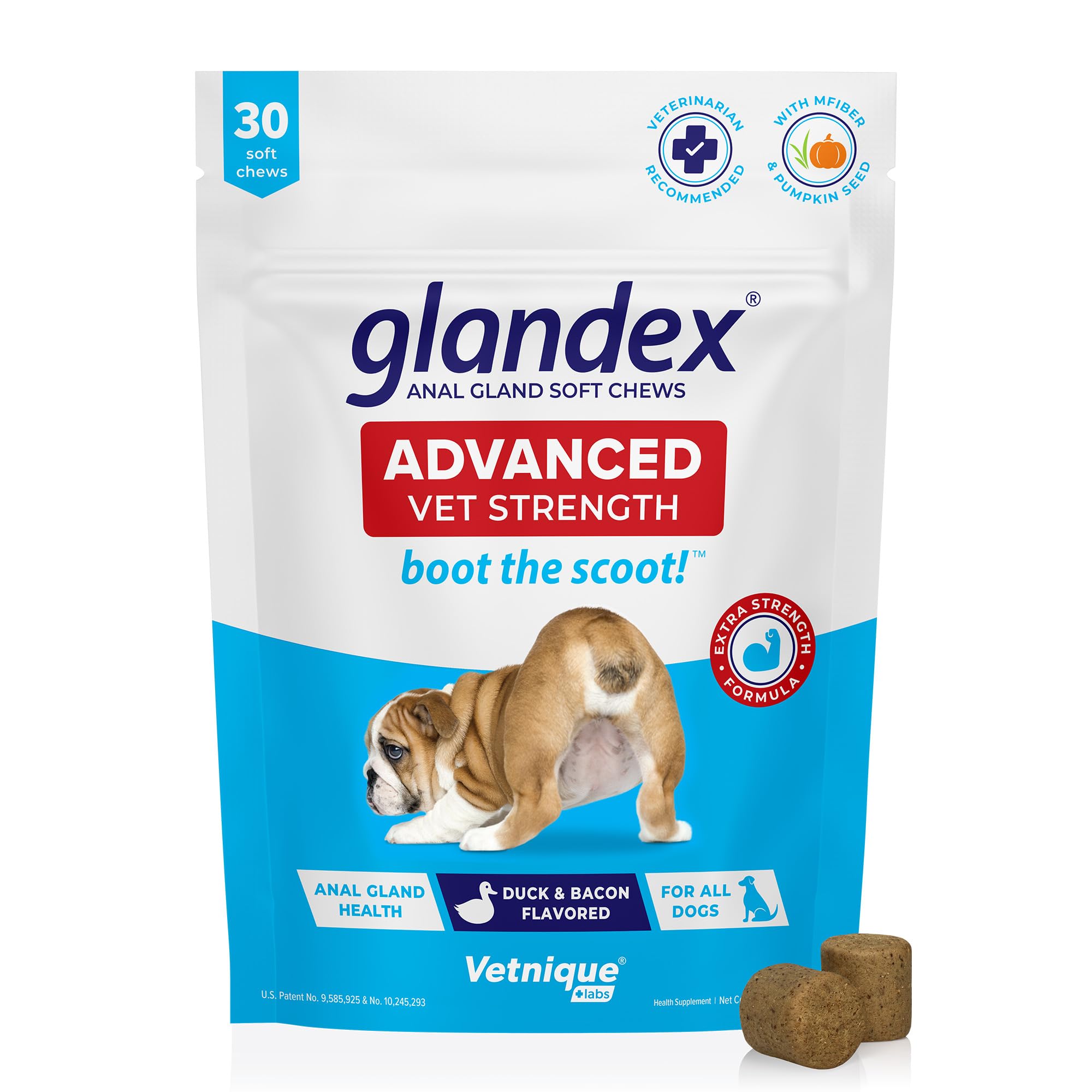 Glandex Anal Gland Soft Chew Treats with Pumpkin for Dogs Digestive Enzymes, Probiotics Fiber Supplement for Dogs Boot The Scoot (Advanced Strength Duck/Bacon Chews (Vegetarian), 30ct)