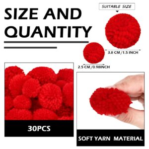 Syhood 30 Pcs Yarn Pom Poms Set Includes 20 Pcs 1 Inch Pompoms 10 Pcs 1.5 Inches Pompom Balls for Christmas Crafts White Red Fluffy Pompom Balls for Xmas Party Decor Costume DIY Supplies (Red)