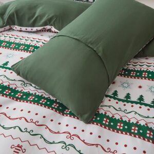 Christmas Duvet Cover Set King Size, Green White Striped Holiday Snowflake Christmas Tree Pattern Bedding Set 3 Pieces, Soft Microfiber Xmas Holiday New Year Gift Comforter Cover Bedroom Decor