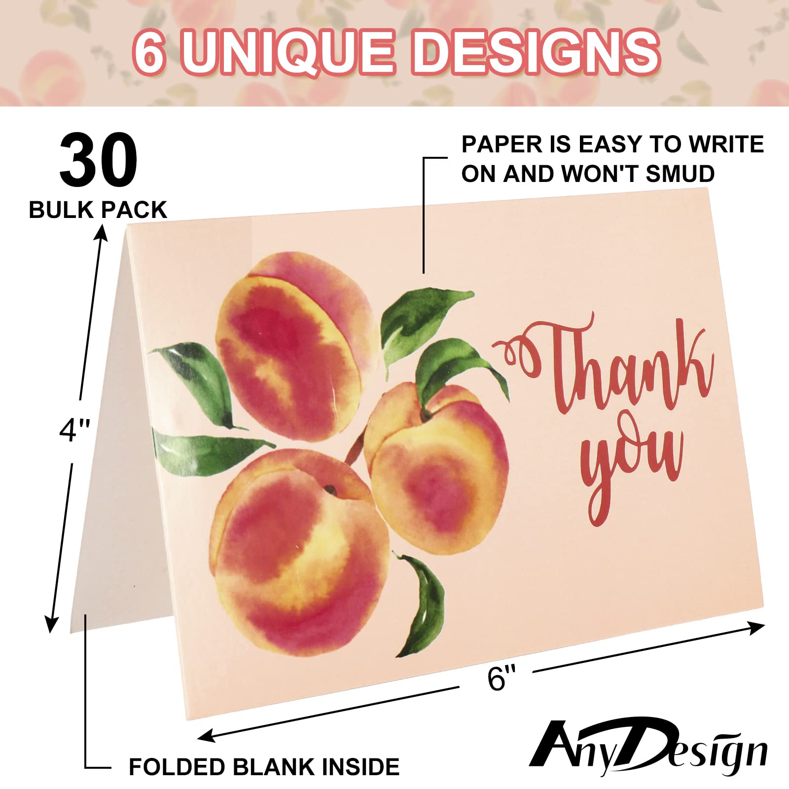 AnyDesign Peach Thank You Cards Bulk 30 Pack Thank You Blank Notes with Matching Seal Stickers White Envelopes Pink Peach Greeting Cards for Baby Shower Wedding Birthday Bridal Party Invitation