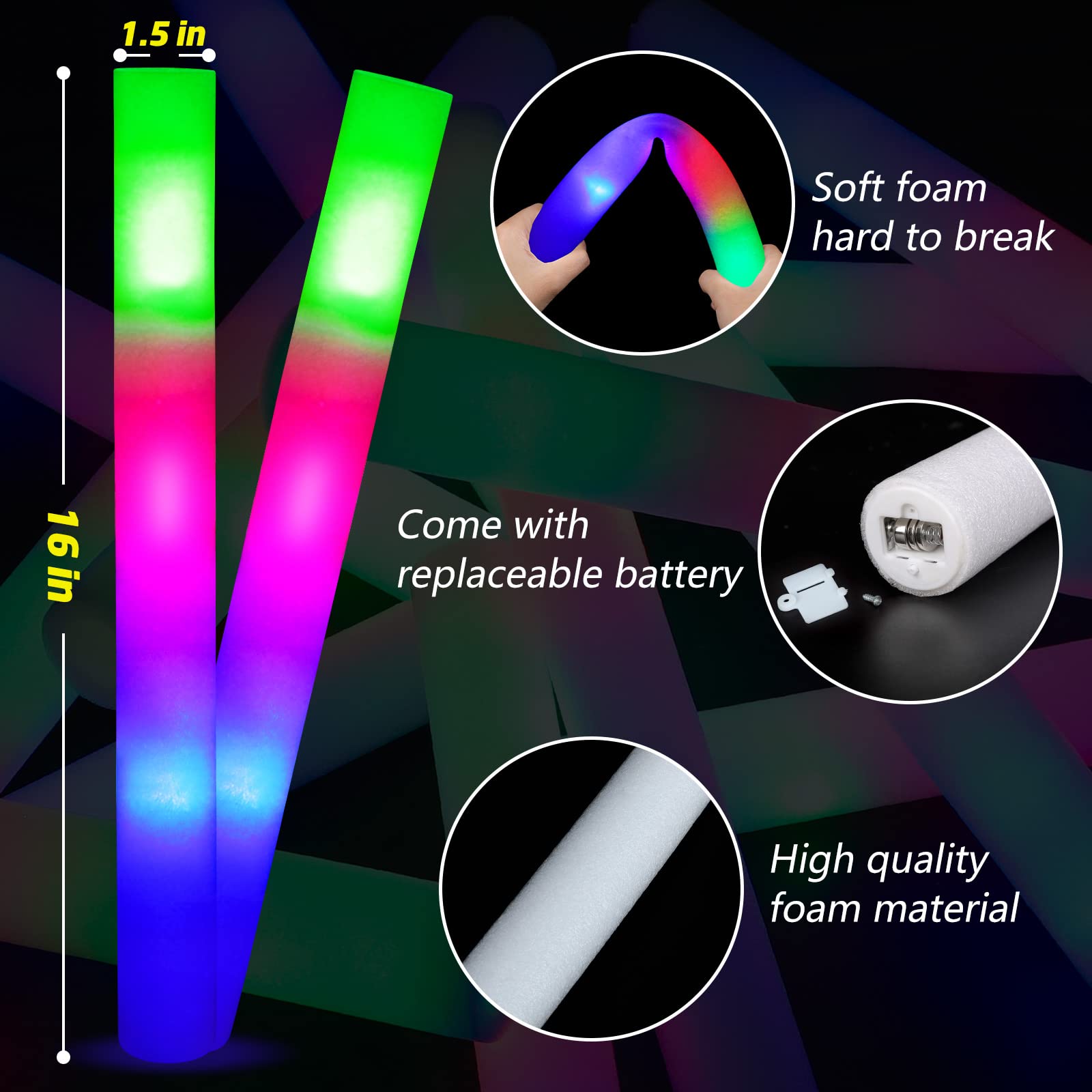 BUDI Glow Sticks Bulk 32 Pcs LED Foam Sticks with 3 Modes Colorful Flashing Glow in the Dark Party Supplies for Wedding Raves Glow Sticks Wedding Birthday Concert Glow Party Camping Accessories