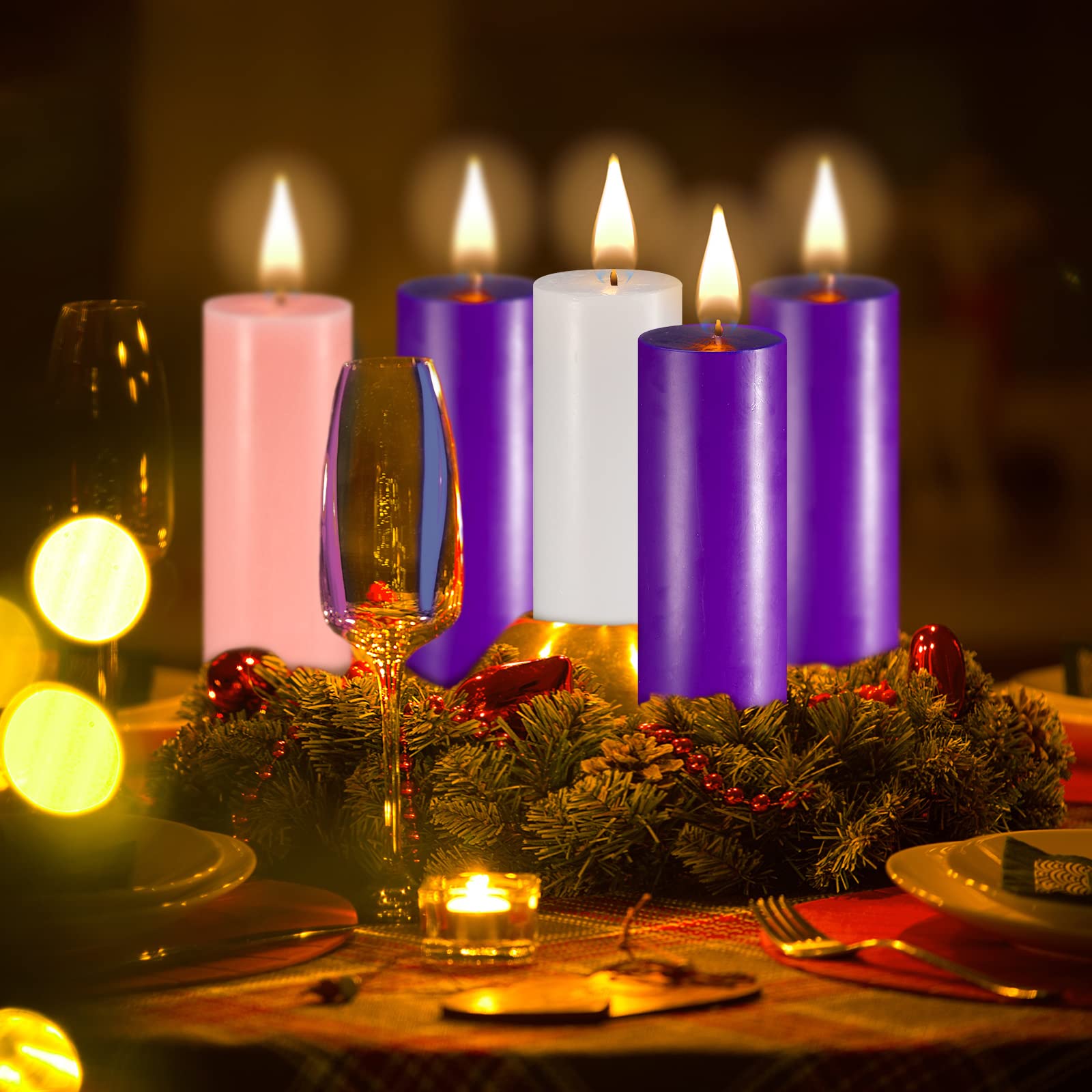 Set of 5 Candles Christmas Advent Pillar Candles Dripless Scented Catholic Advent Candle Purple Pink White Hand Poured Wax Candle for Christmas Church Home Wedding Holiday Decor (Classic,3 x 7.9 Inch)