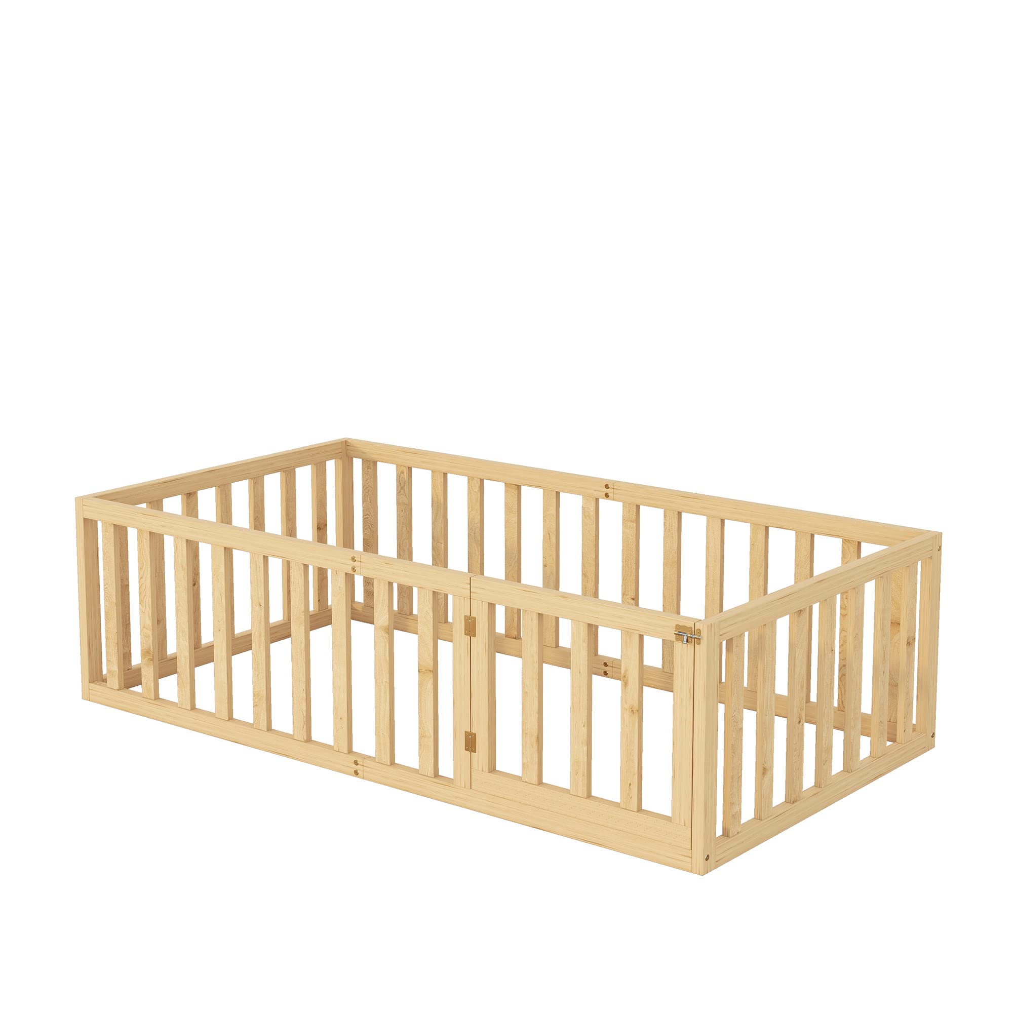 Harper & Bright Designs Twin Floor Bed for Kids, Montessori Bed Frame with Guardrails and Door, Wooden Floor Twin Bed for Kids, Boys Girls(Twin Size, Natural)