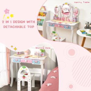 HONEY JOY Kids Vanity, Strawberry Princess Wooden Makeup Dressing Table & Chair Set w/Real Glass Tri-Fold Oval Mirror & Accessories, Detachable Top, Pretend Play Vanity Set for Little Girls(White)