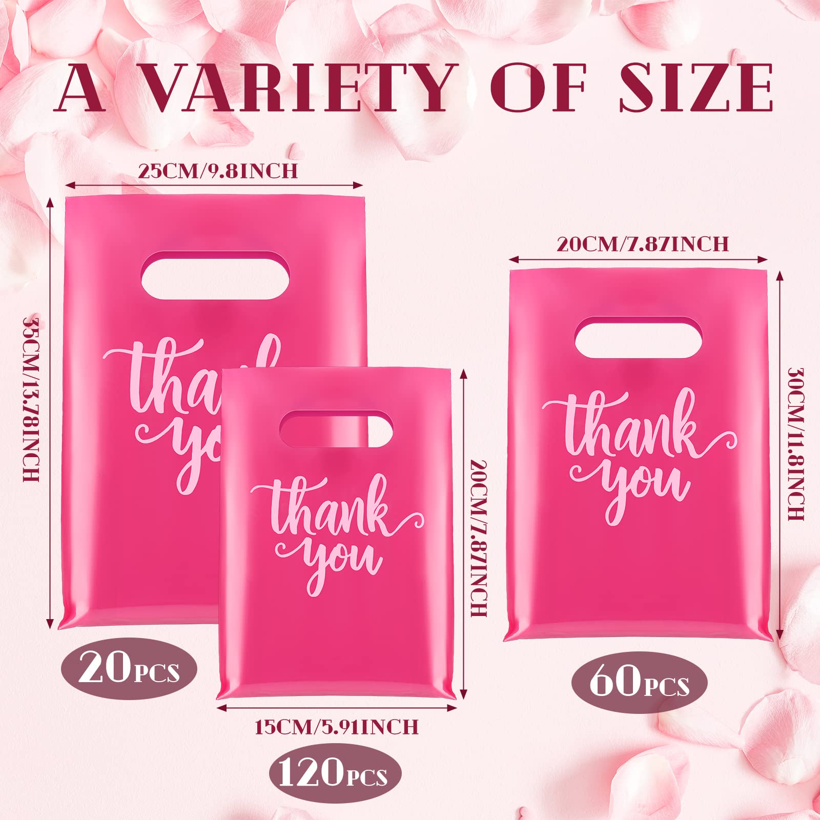 Eersida 200 Pcs Thank You Merchandise Bag Die Cut Shopping Bags with Handles 3 Sizes Plastic Gift Bags Retail Bags for Goodie Small Business Trade Bags Store Boutique Clothes (Pink)