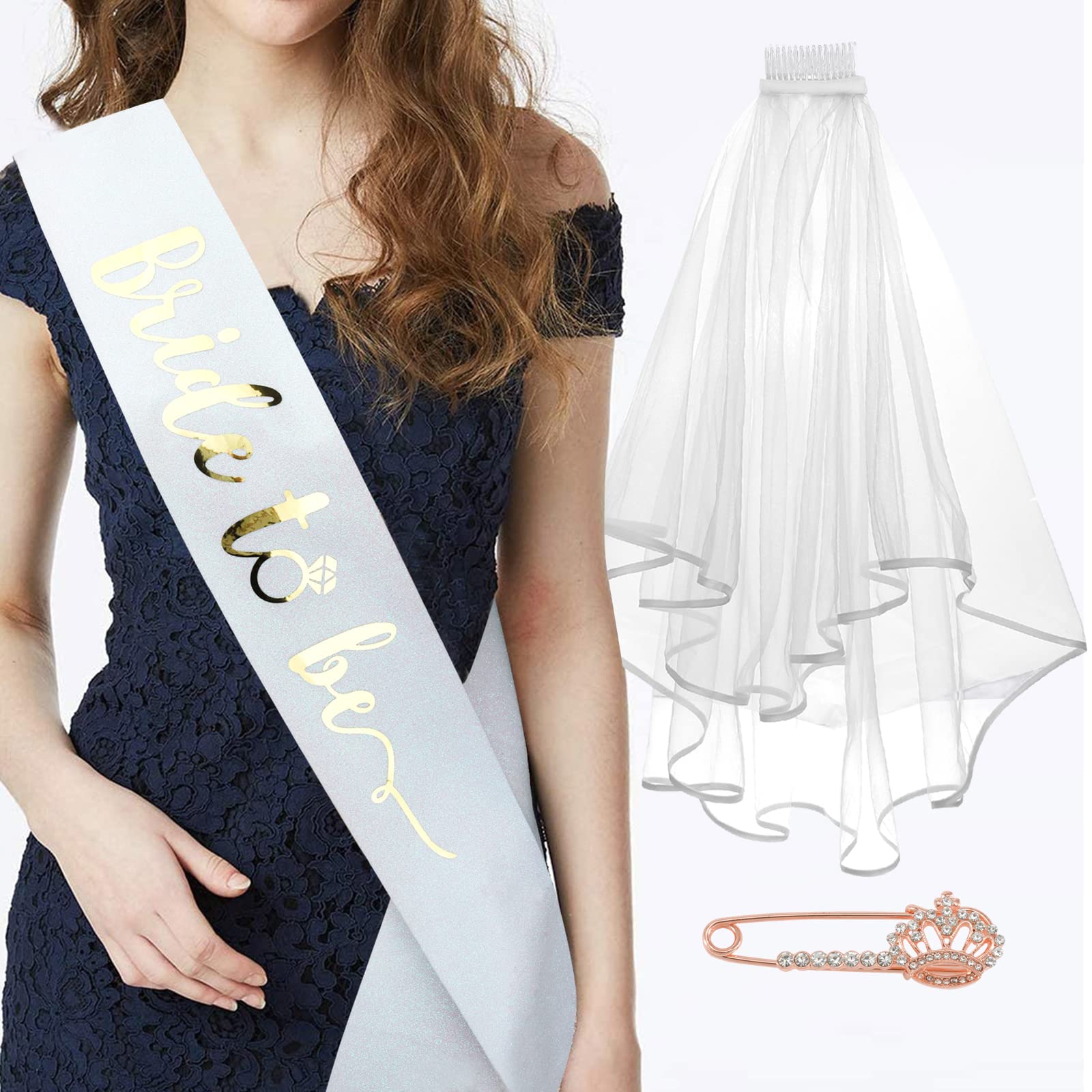 CIEHER Bride To Be Sash & Veil, White & Gold, Bridal Shower Bachelorette Party Decorations Set, One Size Fits All for Women Girls, 2 Piece Set