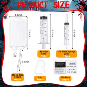 Jerify 36 Pcs Blood Bag Set 20 Pcs IV Bags Pouches 15 Pack Jelly Syringes and Injection Syringe for Halloween Gag Gift Graduation Zombie Vampire, Reusable Party Cups Container