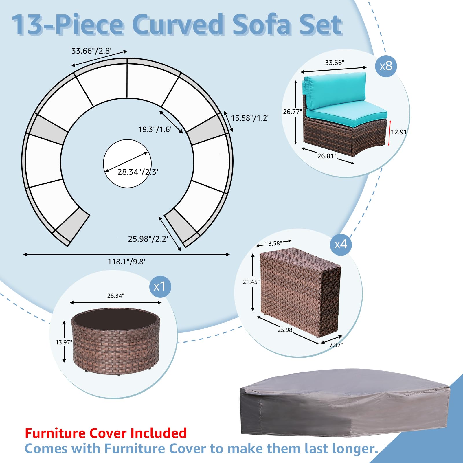 OC Orange-Casual 13 Pieces Sectional Outdoor Furniture, Half-Moon Curved Outdoor Sofa, All-Weather Brown Wicker with Round Coffee Table and Turquoise Cushions (Pillows & Waterproof Cover Included)