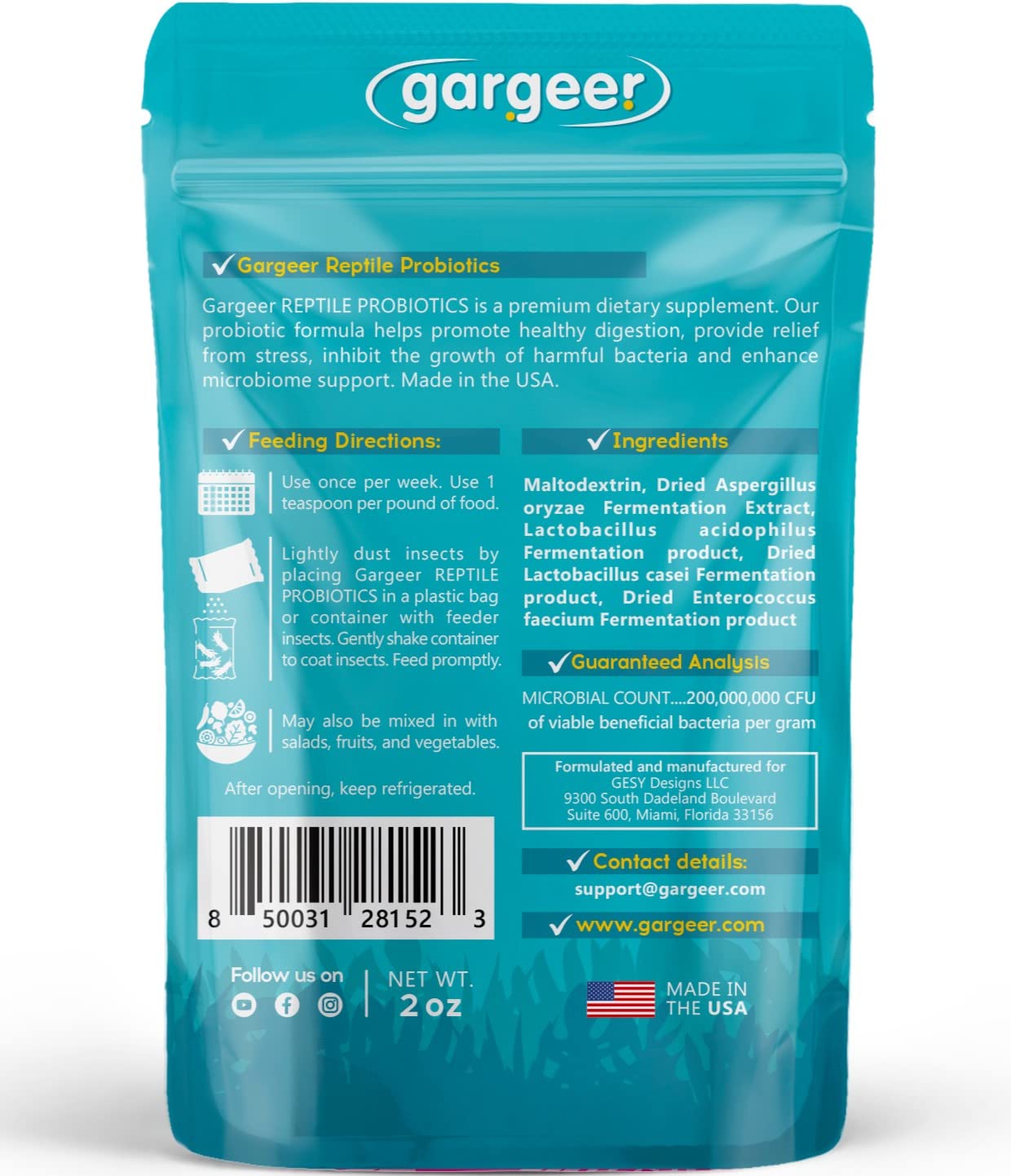 Gargeer Reptile Probiotics. Improve Appetite, Digestion and Boost Immune System. Supplement 10-12 Pounds of Food with Our 2 Oz Bag. Enjoy!