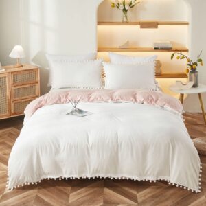 Bedbay Pink and White Duvet Cover Girls Bedding Twin Preppy Bedding Boys Kids Cute Pom Pom Bedding Set Aesthetic Room Decor Ultra Soft Microfiber Boho Bedding Set(White&Pink,Twin)