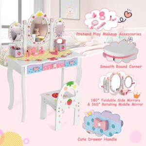 HONEY JOY Kids Vanity, Strawberry Princess Wooden Makeup Dressing Table & Chair Set w/Real Glass Tri-Fold Oval Mirror & Accessories, Detachable Top, Pretend Play Vanity Set for Little Girls(White)