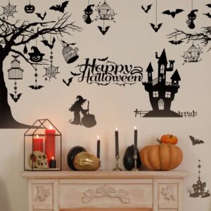 3 Sheets Halloween Wall Decals Tall Halloween Home Wall Decal Bats Ancient Castle Halloween Home Decor Removable DIY Wall Art for Halloween Party Supplies(Stylish Style)