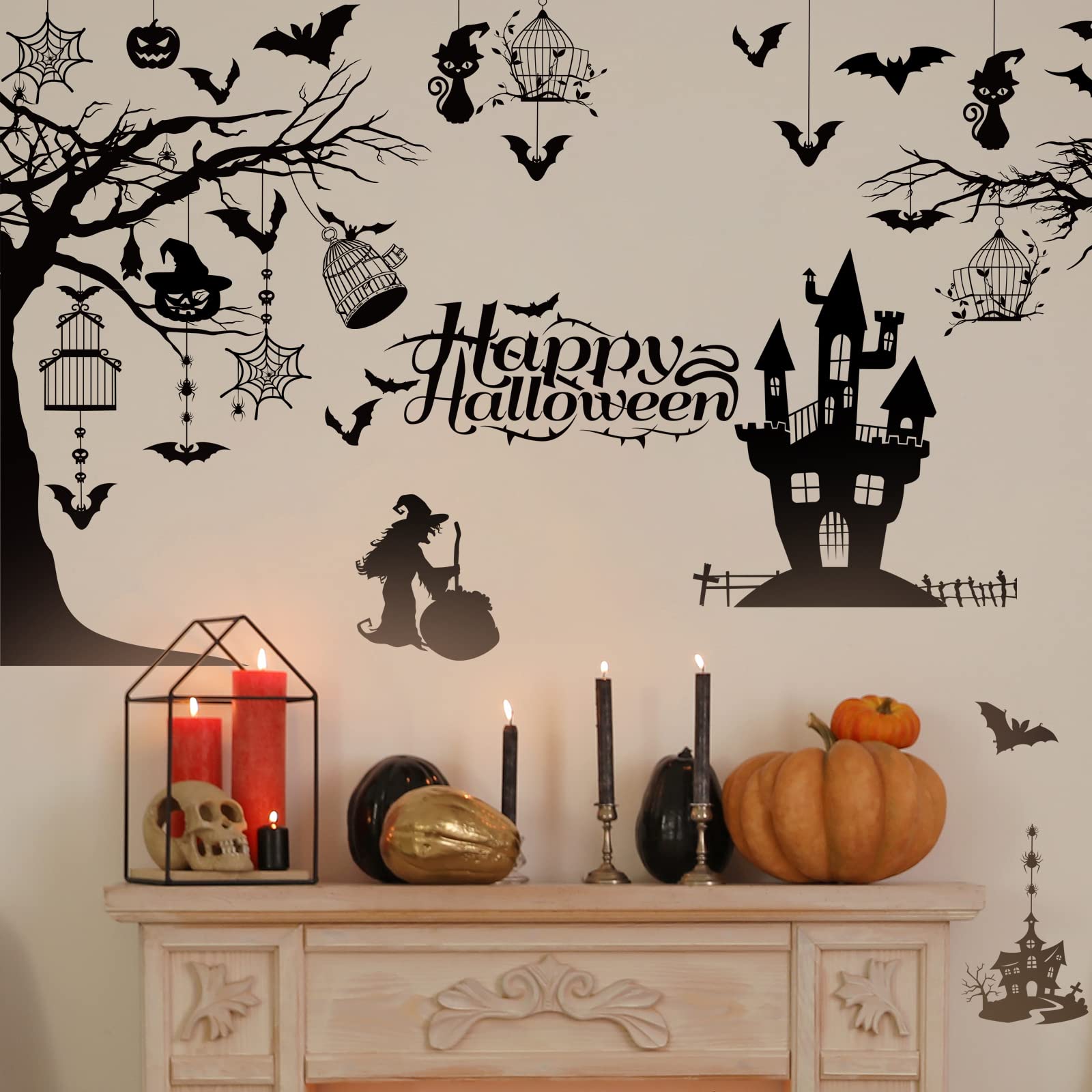 3 Sheets Halloween Wall Decals Tall Halloween Home Wall Decal Bats Ancient Castle Halloween Home Decor Removable DIY Wall Art for Halloween Party Supplies(Stylish Style)