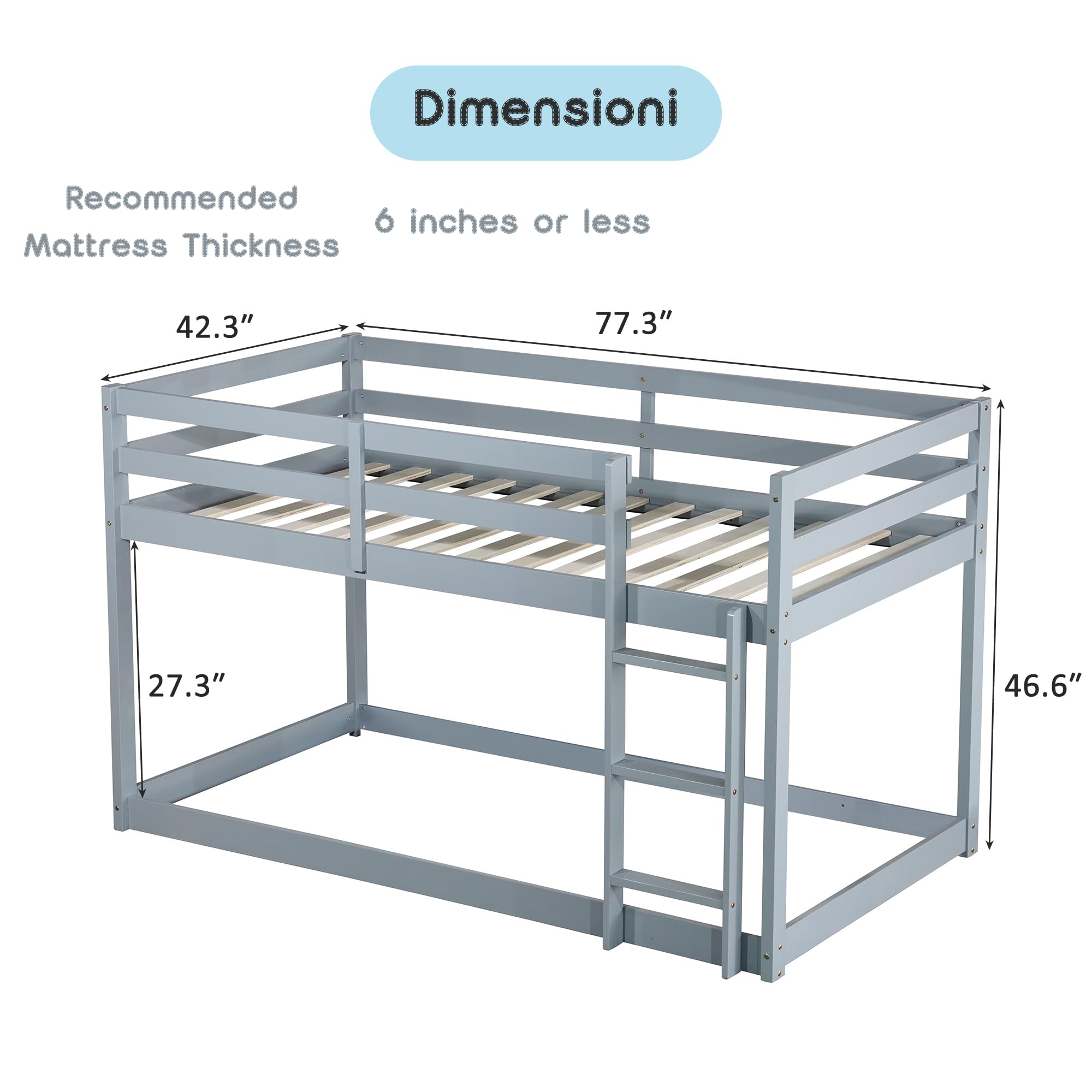 Low Bunk Beds Twin Over Twin Floor Bunk Bed Frame Junior Loft Bed for Kids Boys Girls Teens Wood Twin Bunk Bed with Safety Fences Wood Twin Bunk Bed with Safety Fences, Gray