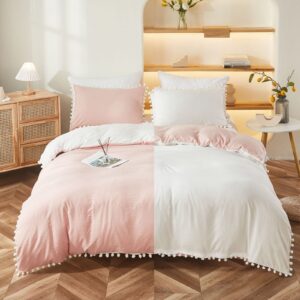 Bedbay Pink and White Duvet Cover Girls Bedding Twin Preppy Bedding Boys Kids Cute Pom Pom Bedding Set Aesthetic Room Decor Ultra Soft Microfiber Boho Bedding Set(White&Pink,Twin)