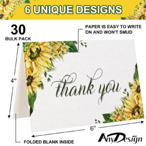 AnyDesign Sunflower Thank You Cards Bulk 30 Pack Thank You Notes with Matching Seal Stickers White Envelopes Floral Greeting Cards for Wedding Baby Shower Bridal Birthday Party, 4 x 6 Inch