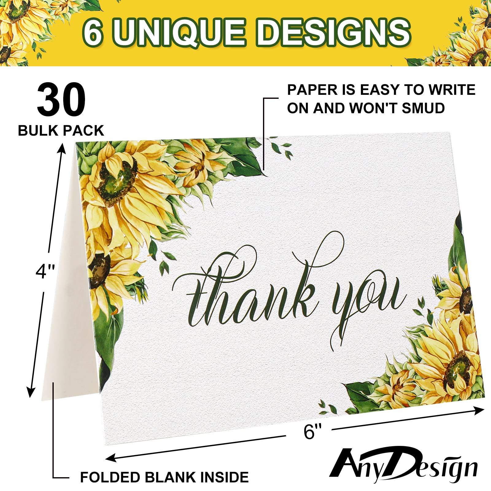 AnyDesign Sunflower Thank You Cards Bulk 30 Pack Thank You Notes with Matching Seal Stickers White Envelopes Floral Greeting Cards for Wedding Baby Shower Bridal Birthday Party, 4 x 6 Inch