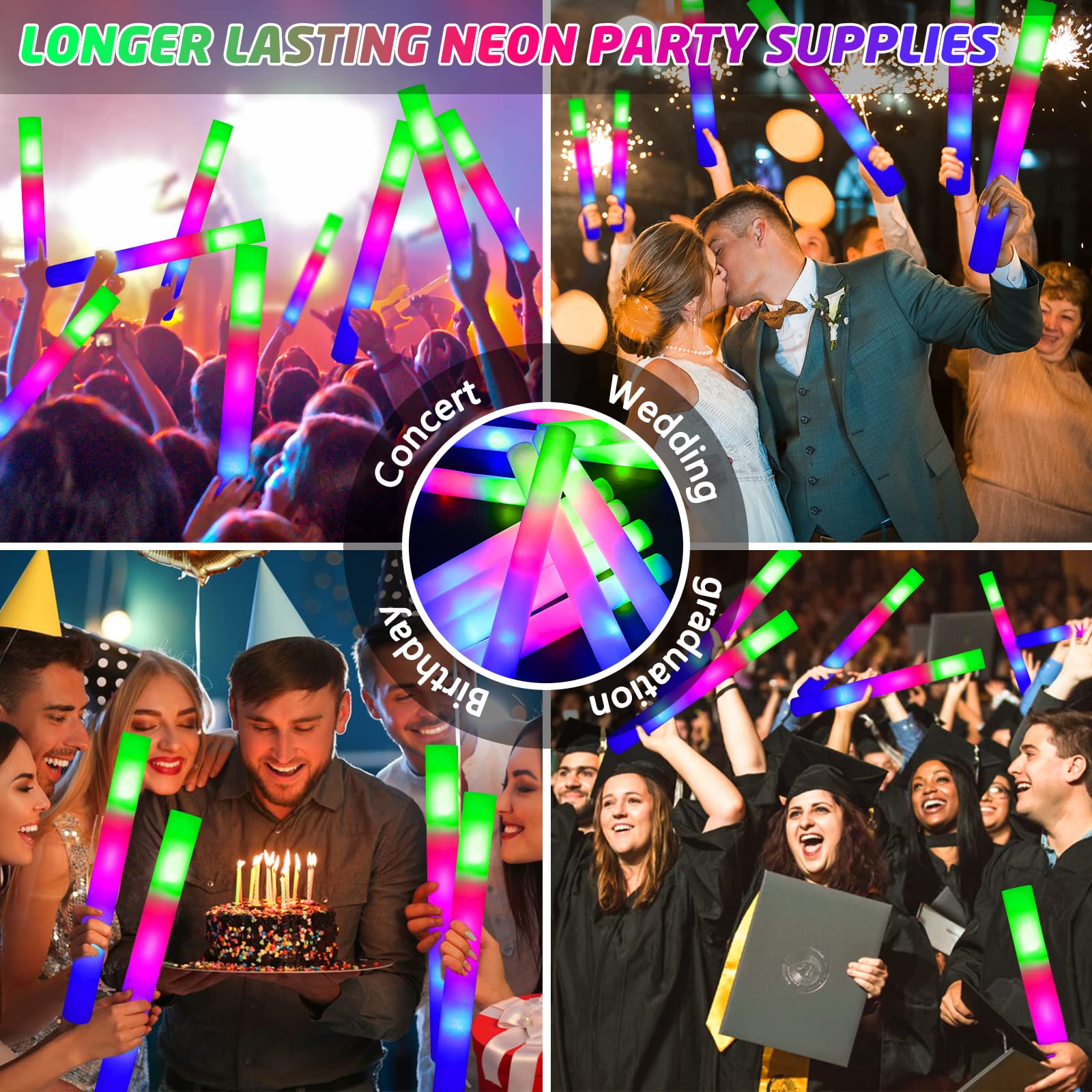 BUDI Glow Sticks Bulk 32 Pcs LED Foam Sticks with 3 Modes Colorful Flashing Glow in the Dark Party Supplies for Wedding Raves Glow Sticks Wedding Birthday Concert Glow Party Camping Accessories