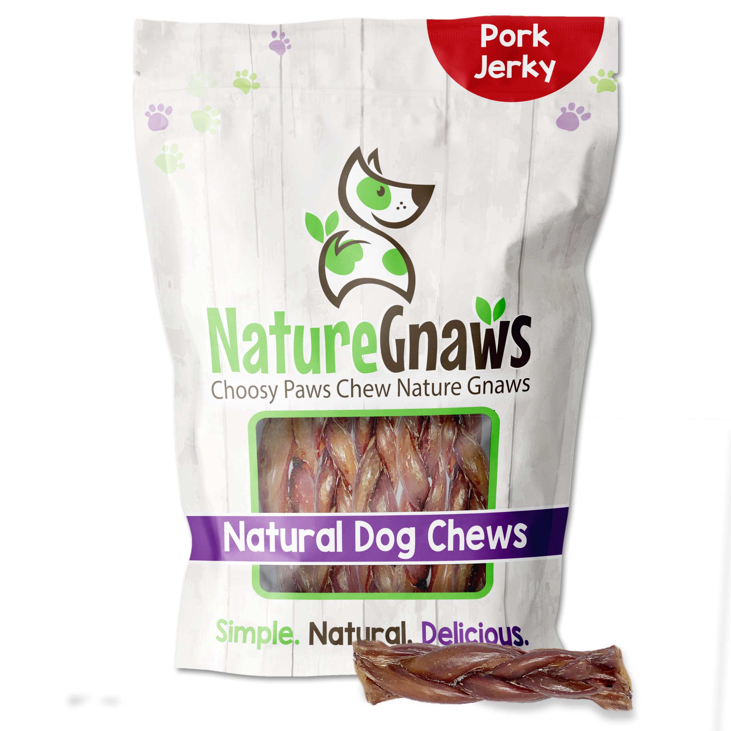 Nature Gnaws Braided Pork Jerky Sticks for Dogs - Premium Natural Dog Chew Treats - Rawhide Free Dental Bones - Long Lasting Training Reward Treat