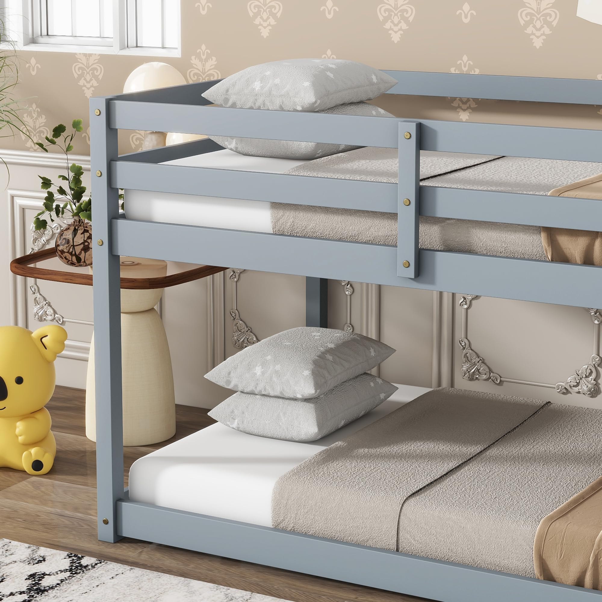 Low Bunk Beds Twin Over Twin Floor Bunk Bed Frame Junior Loft Bed for Kids Boys Girls Teens Wood Twin Bunk Bed with Safety Fences Wood Twin Bunk Bed with Safety Fences, Gray