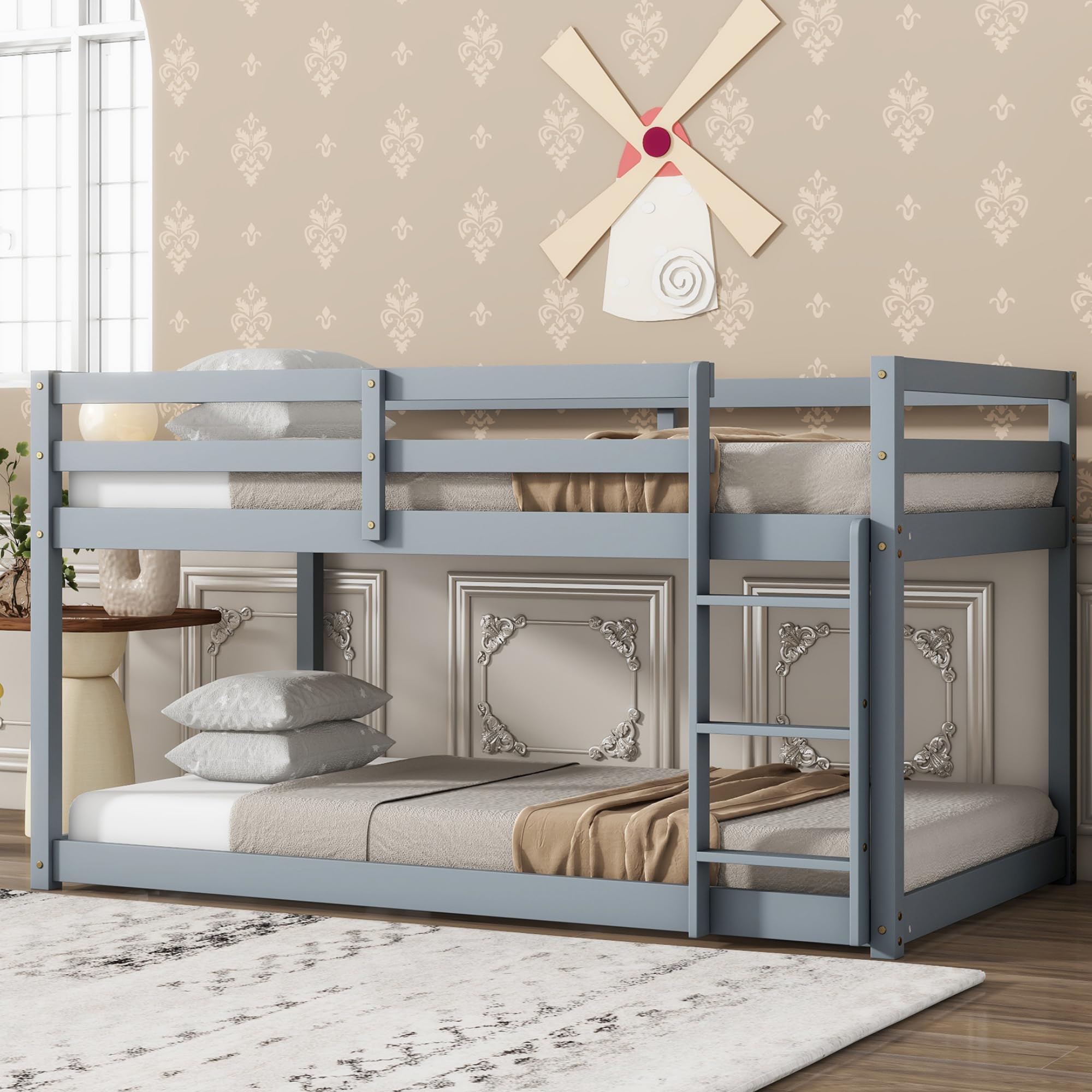 Low Bunk Beds Twin Over Twin Floor Bunk Bed Frame Junior Loft Bed for Kids Boys Girls Teens Wood Twin Bunk Bed with Safety Fences Wood Twin Bunk Bed with Safety Fences, Gray